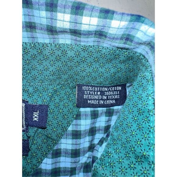 Vintage Panhandle Slim Green Blue Checkered Plaid Button Down Shirt Men’s 2XL - Picture 2 of 6